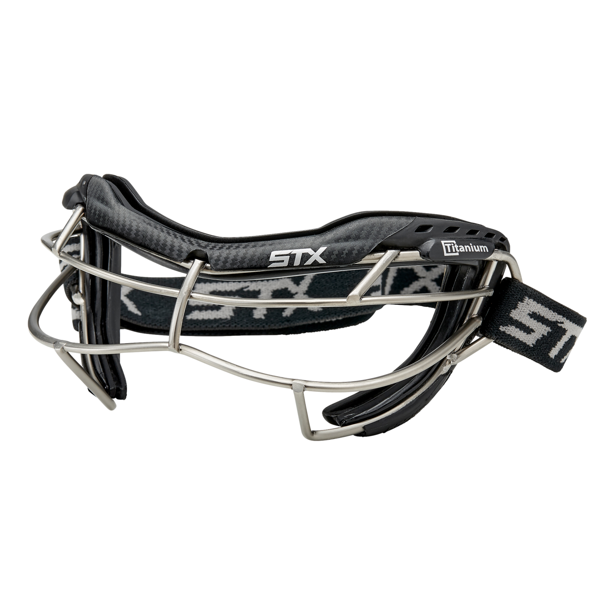 STX Focus-S Ti+ lacrosse goggle in black with titanium cage, angled side view