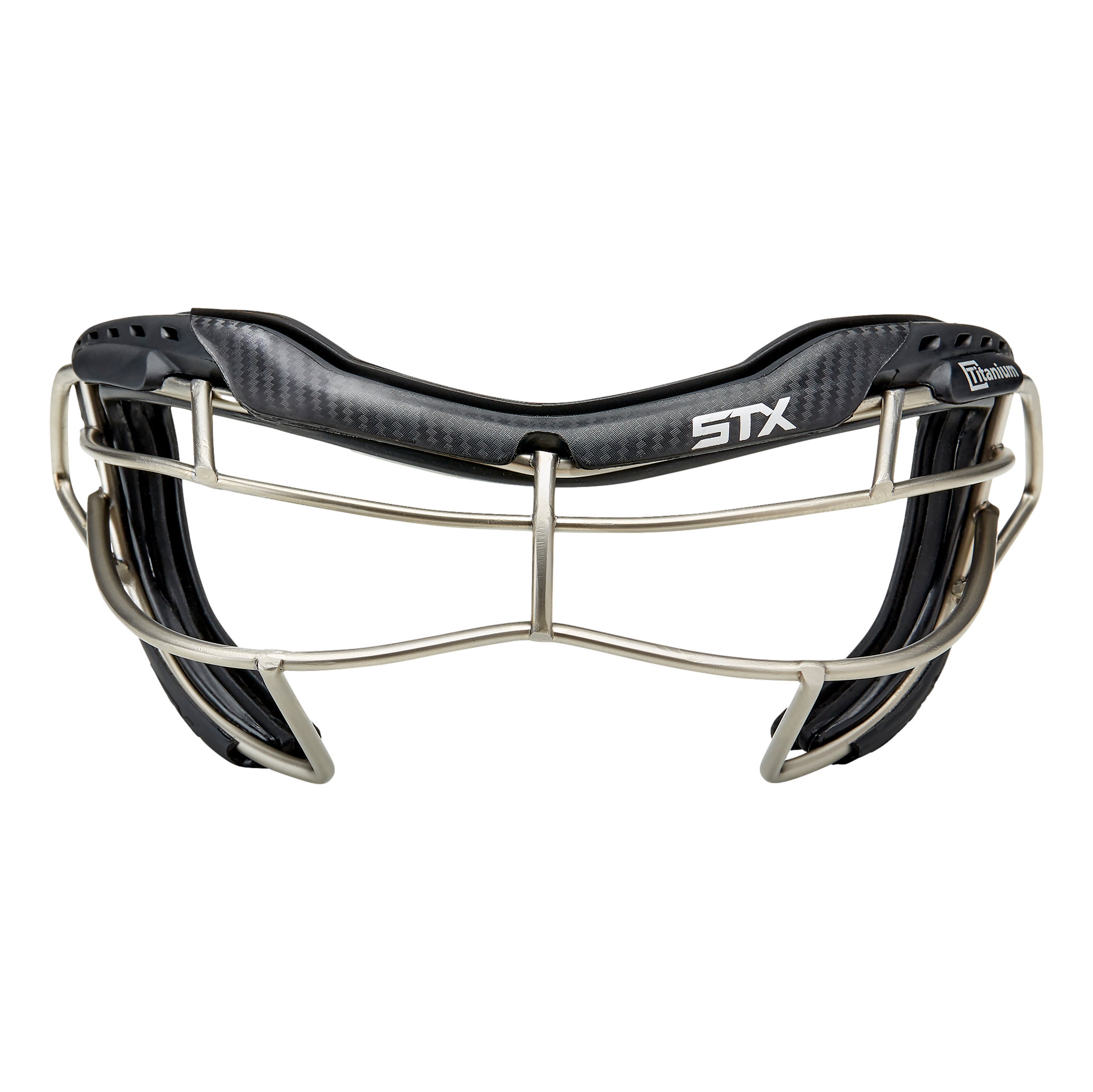 STX Focus-S Ti+ lacrosse goggle in black with titanium cage, front view on white background