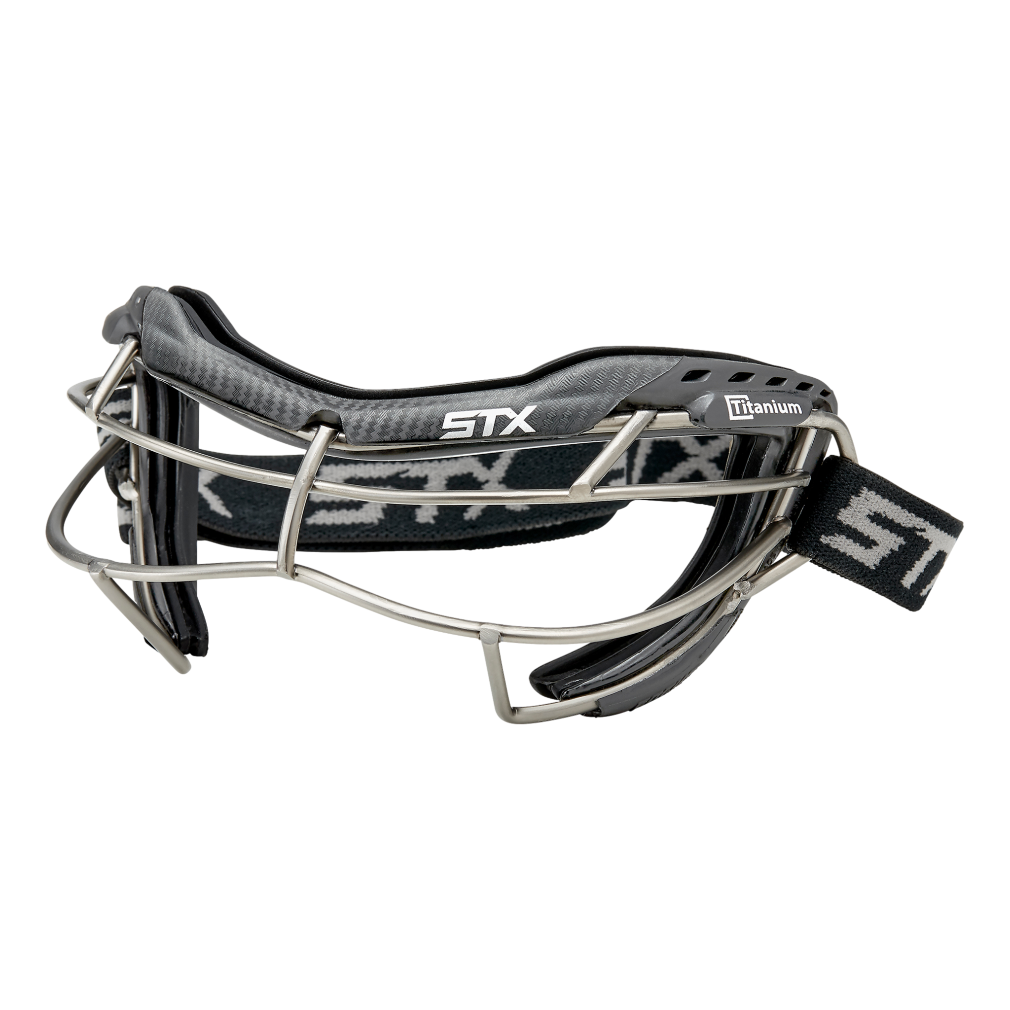 STX Focus-S Ti+ lacrosse goggle graphite and black color, angled view