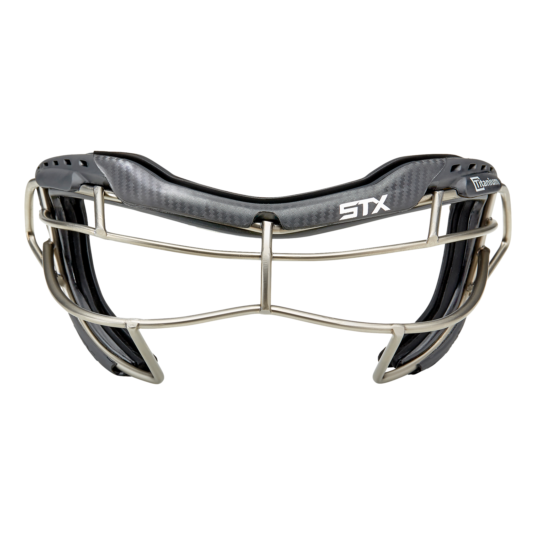 STX Focus-S Ti+ lacrosse goggle graphite frame with black strap, front view on white background