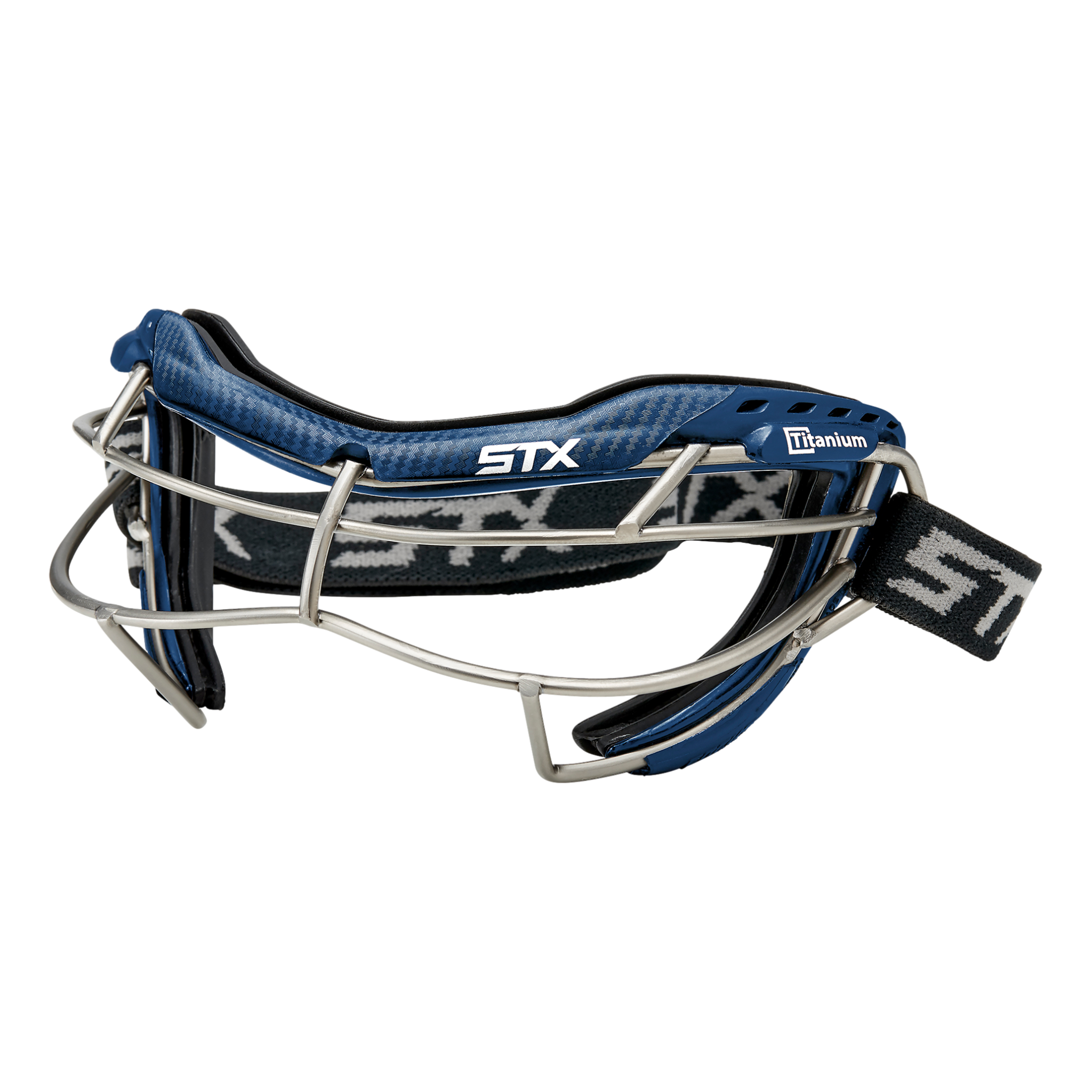STX Focus-S Ti+ lacrosse goggle navy and graphite color, angled side view