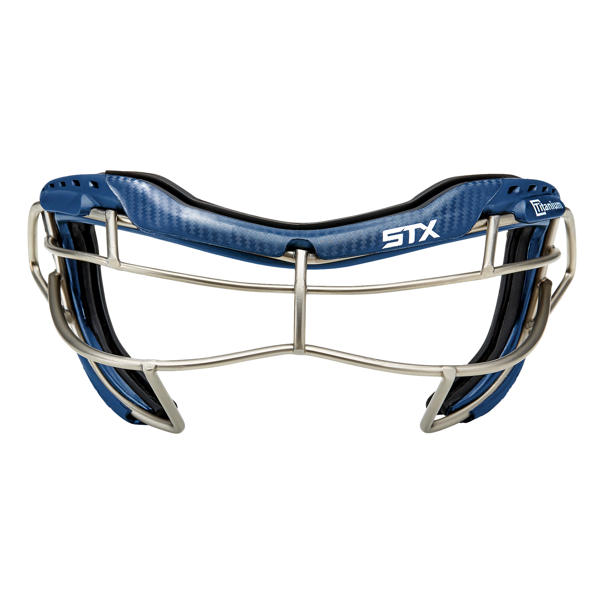 STX Focus-S Ti+ lacrosse goggle navy frame with graphite strap, front view on white background