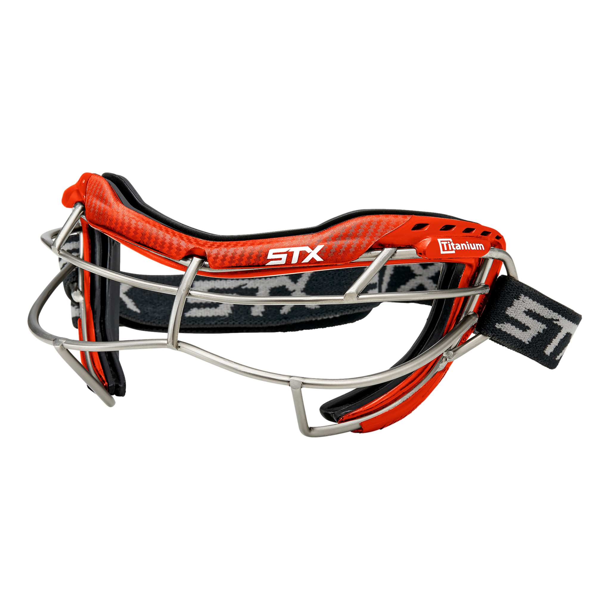 STX Focus-S Ti+ lacrosse goggle red and graphite color, oblique view