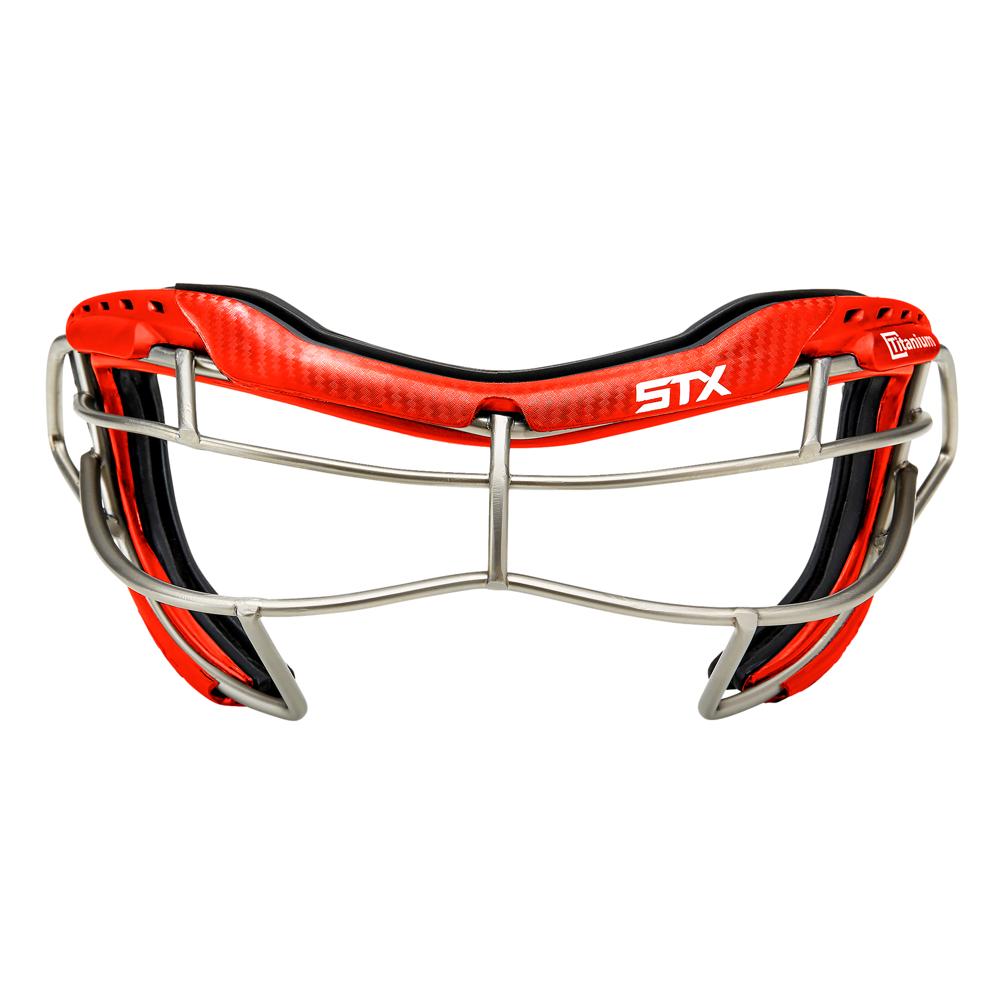 STX Focus-S Ti+ lacrosse goggle red frame with graphite strap, front view on white background