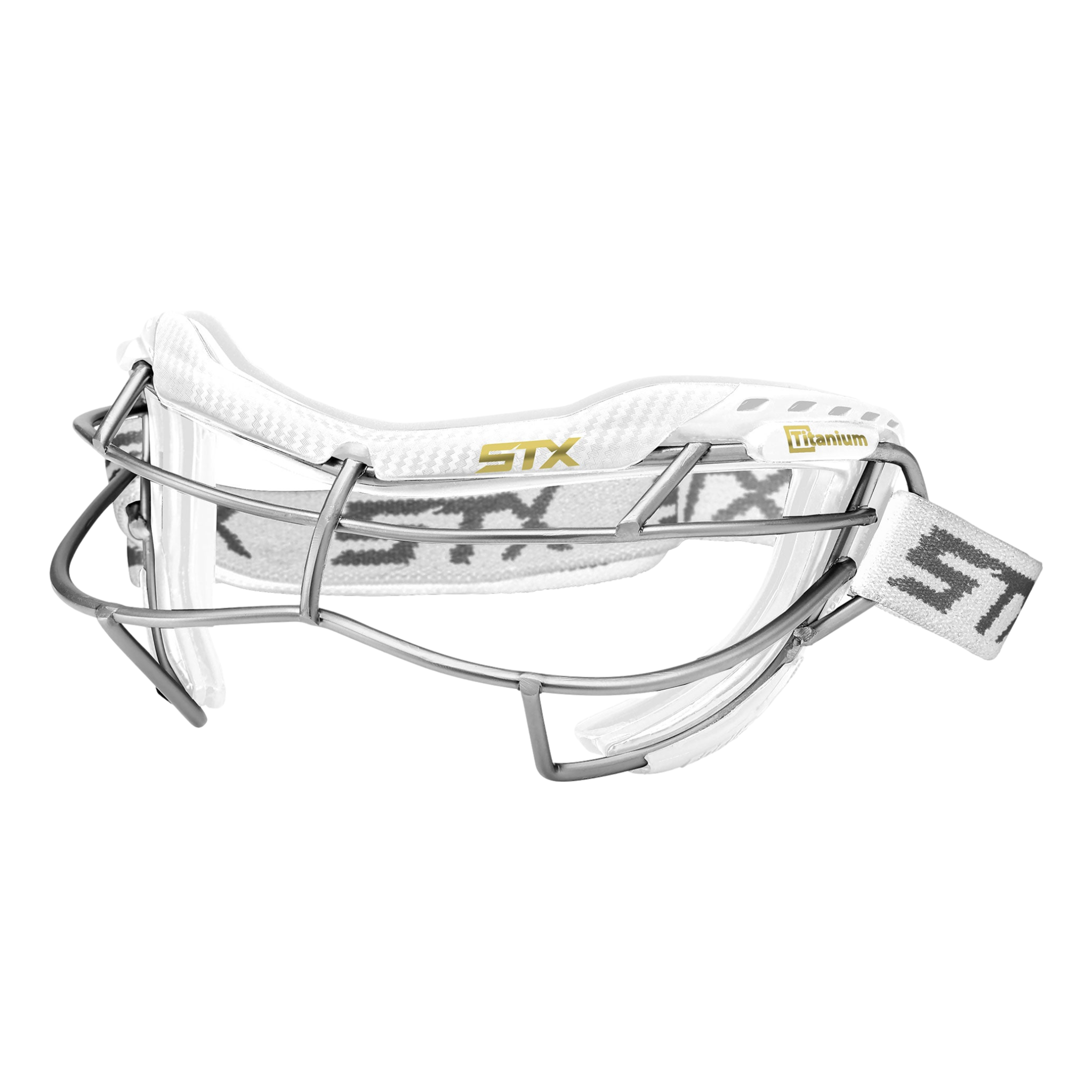 STX Focus-S Ti+ lacrosse goggle in white with titanium cage, oblique view