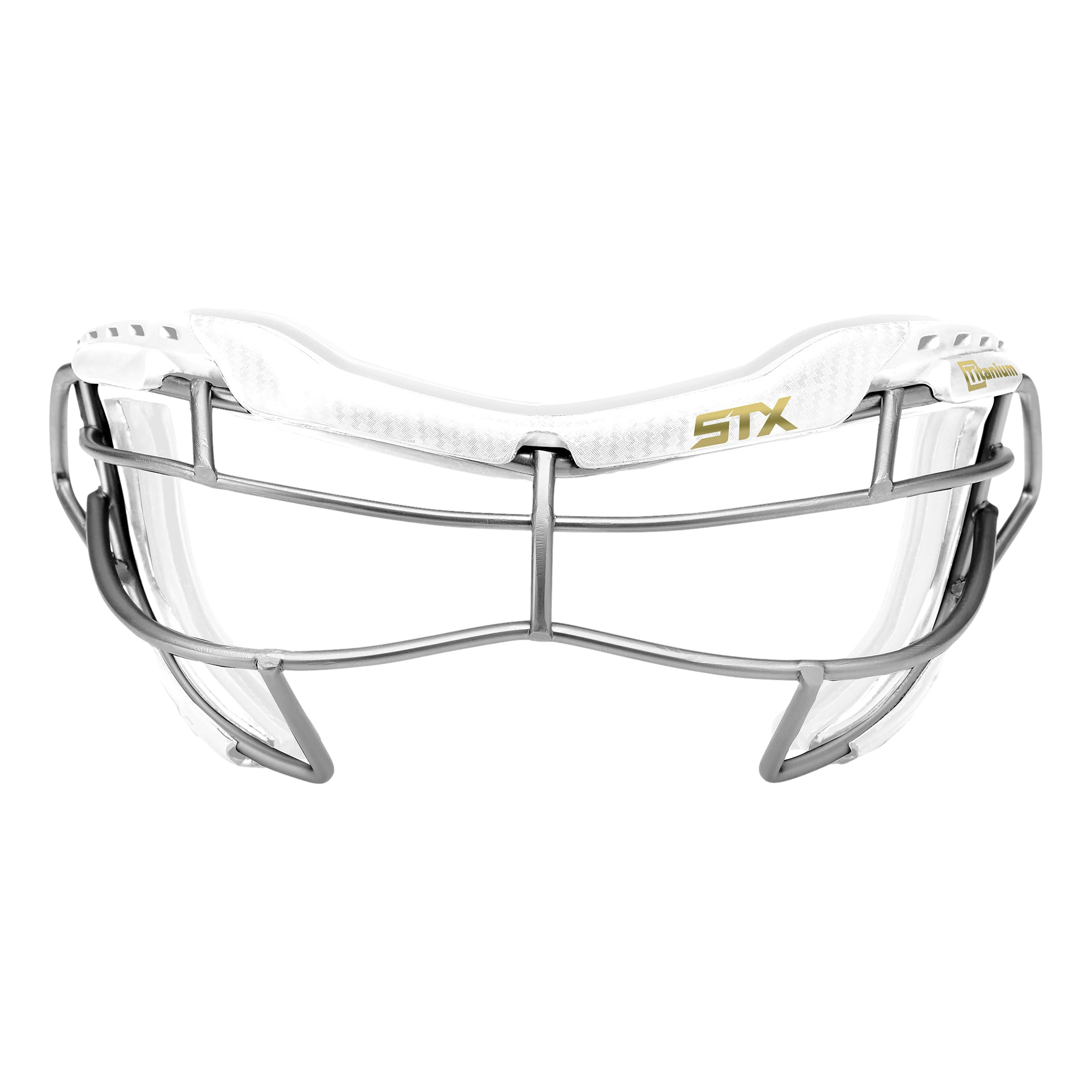 STX Focus-S Ti+ lacrosse goggle white frame and strap, front view on white background