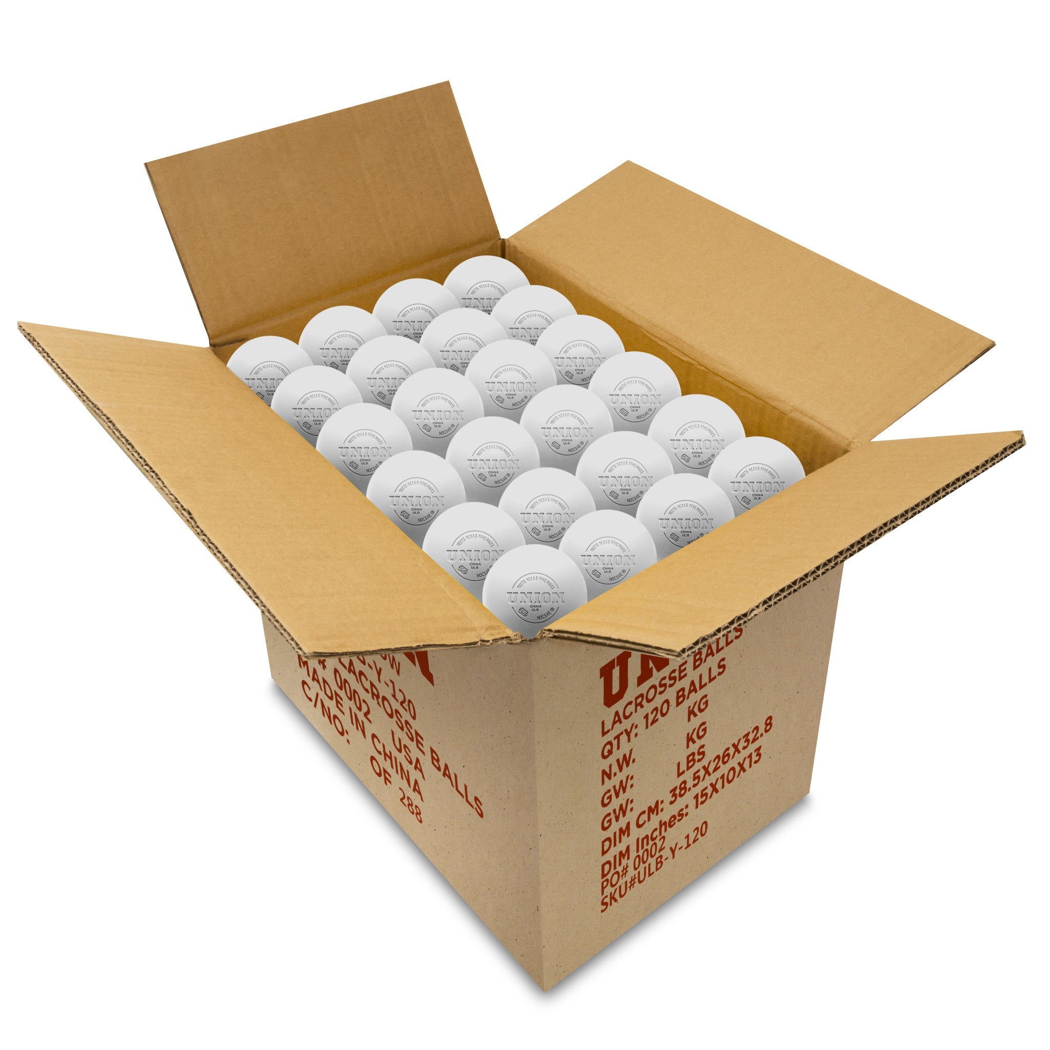 Case of white Union brand lacrosse balls.
