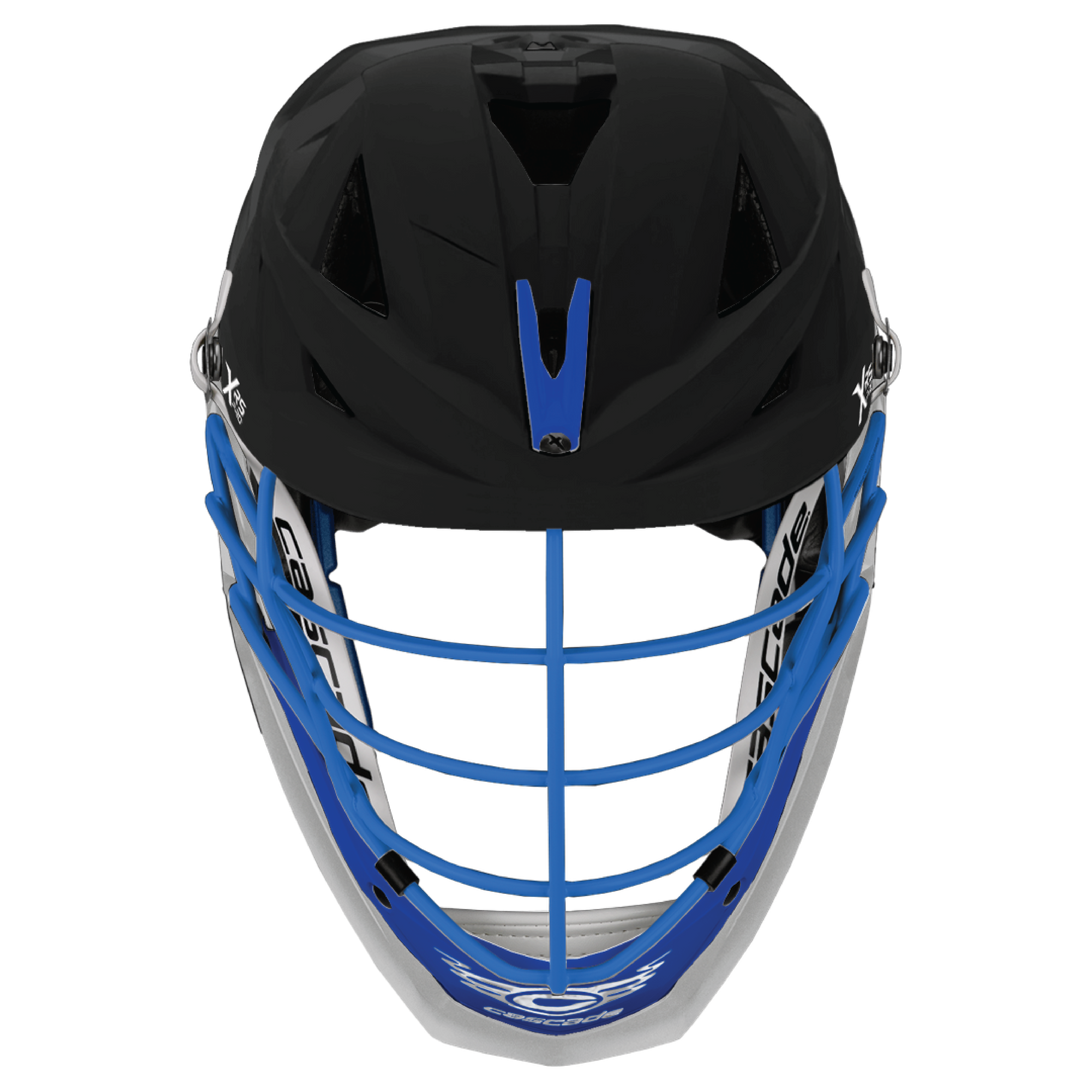 Cascade XRS Pro Lacrosse Helmet Chrome Royal Matte Black Royal White Snap Buckle