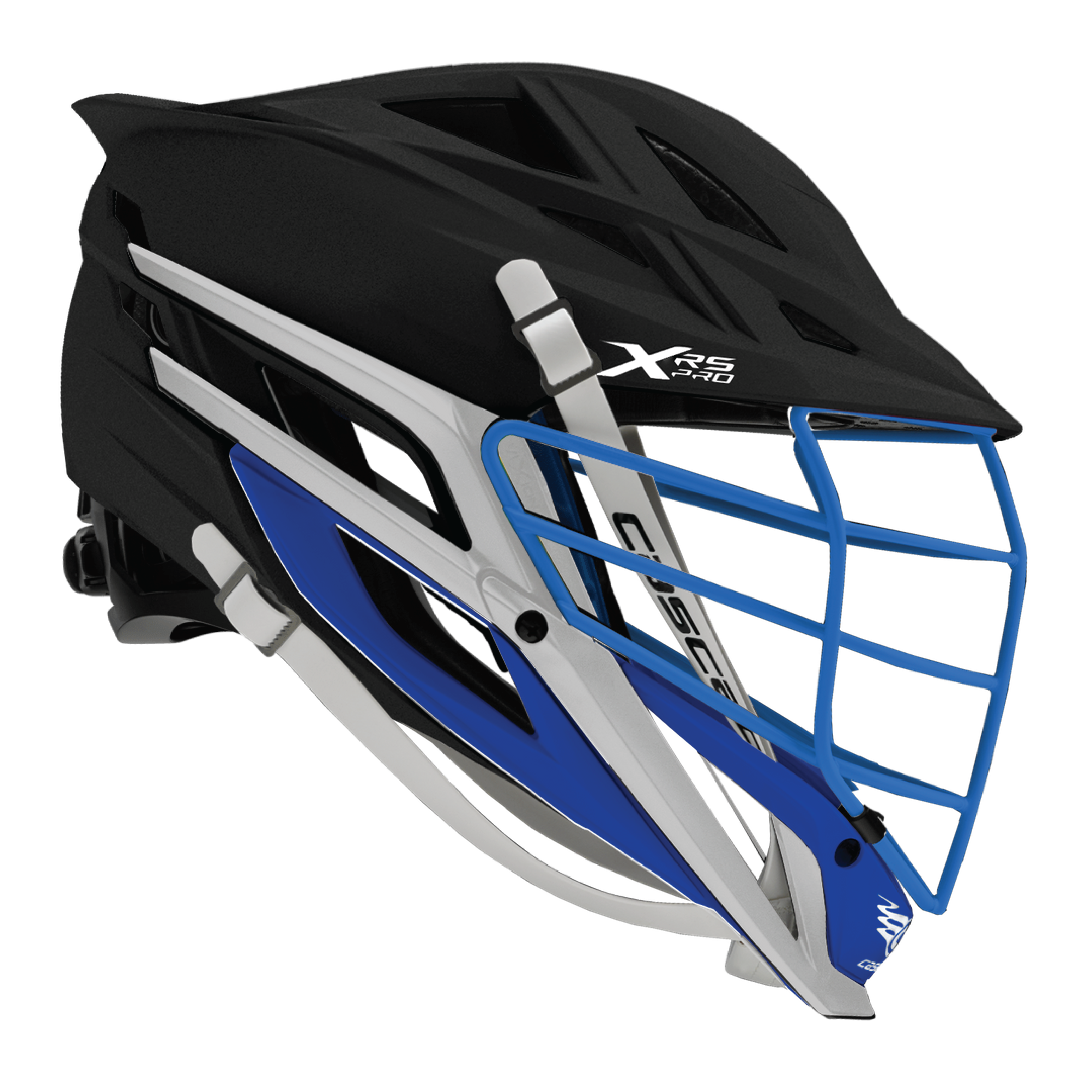 Cascade XRS Pro Lacrosse Helmet Chrome Royal Matte Black Royal White Snap Buckle