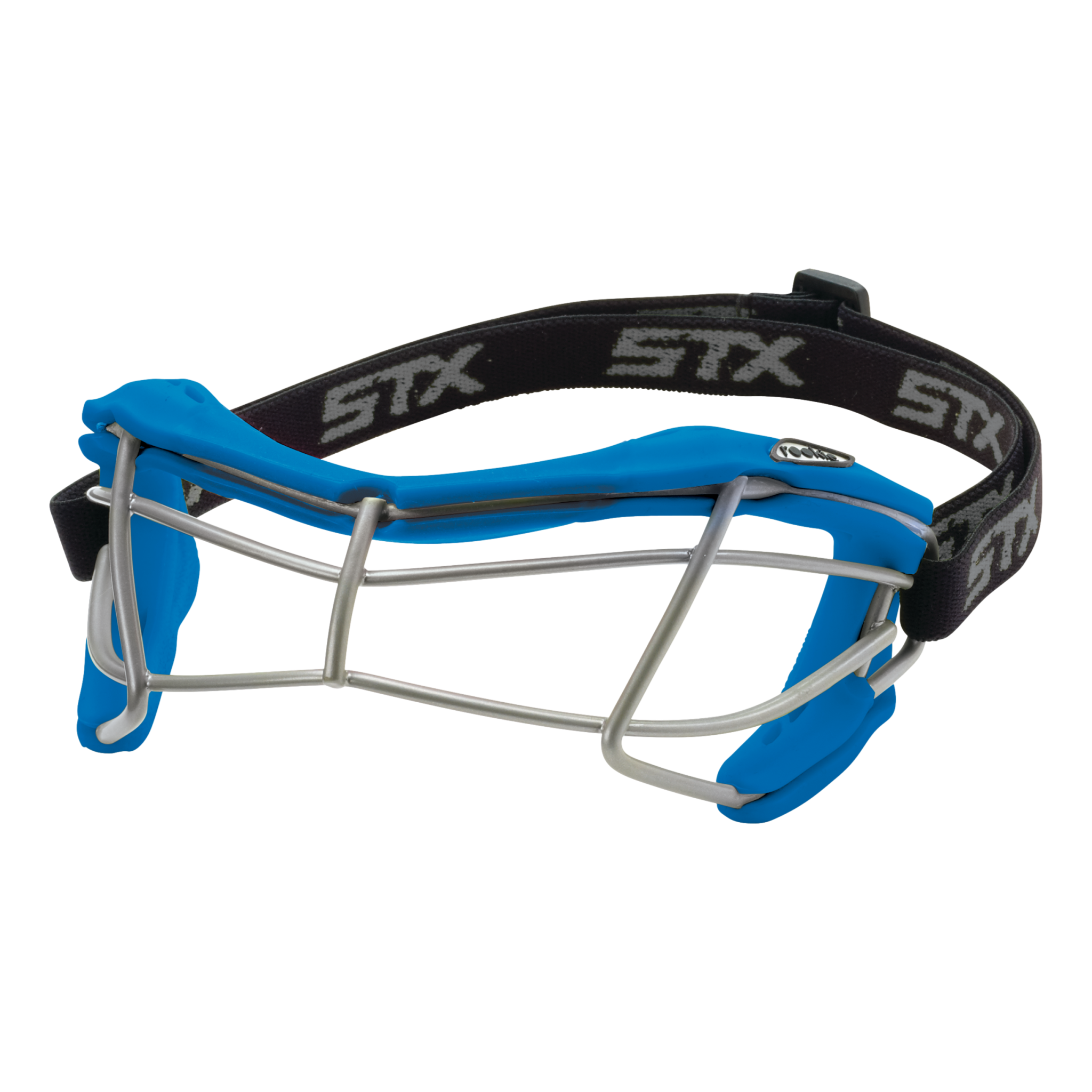 STX Rookie-S youth lacrosse goggle electric blue frame with strap, angled view on white background