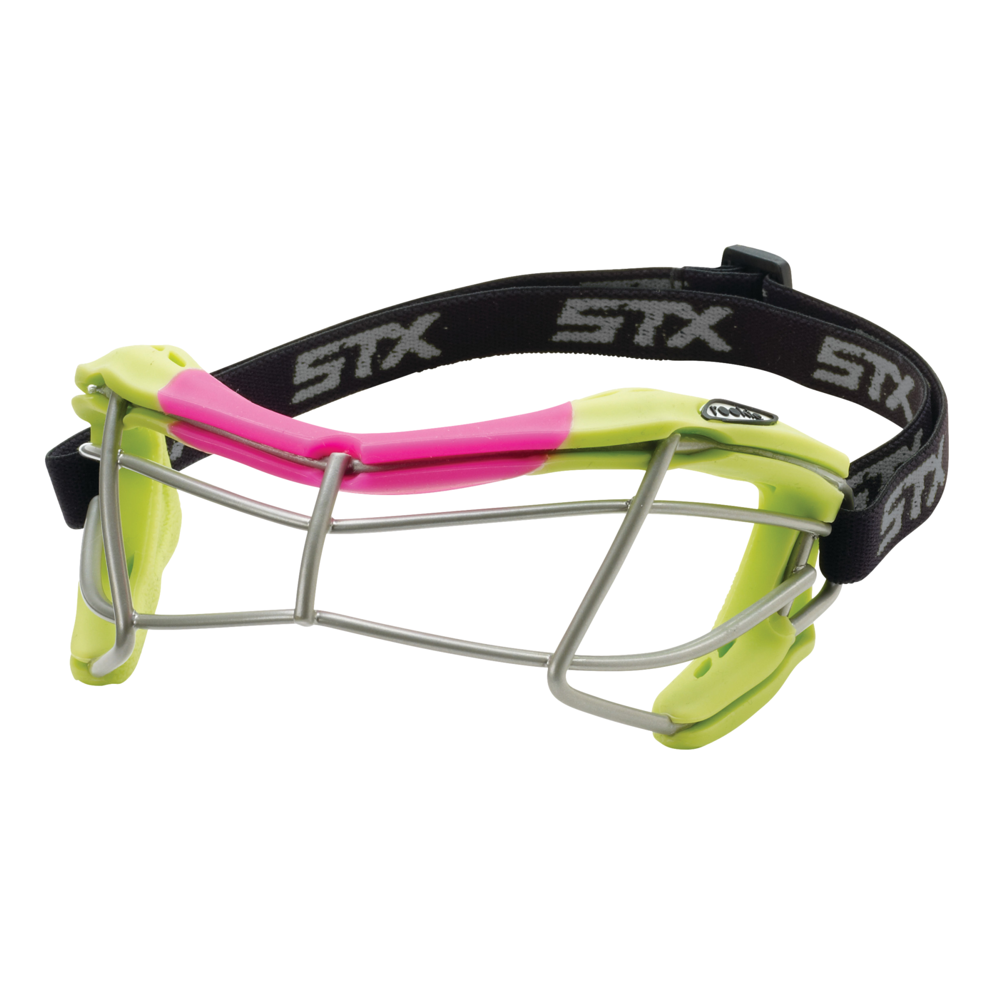STX Rookie-S youth lacrosse goggle lime green  and pink frame with strap, angled view on white background