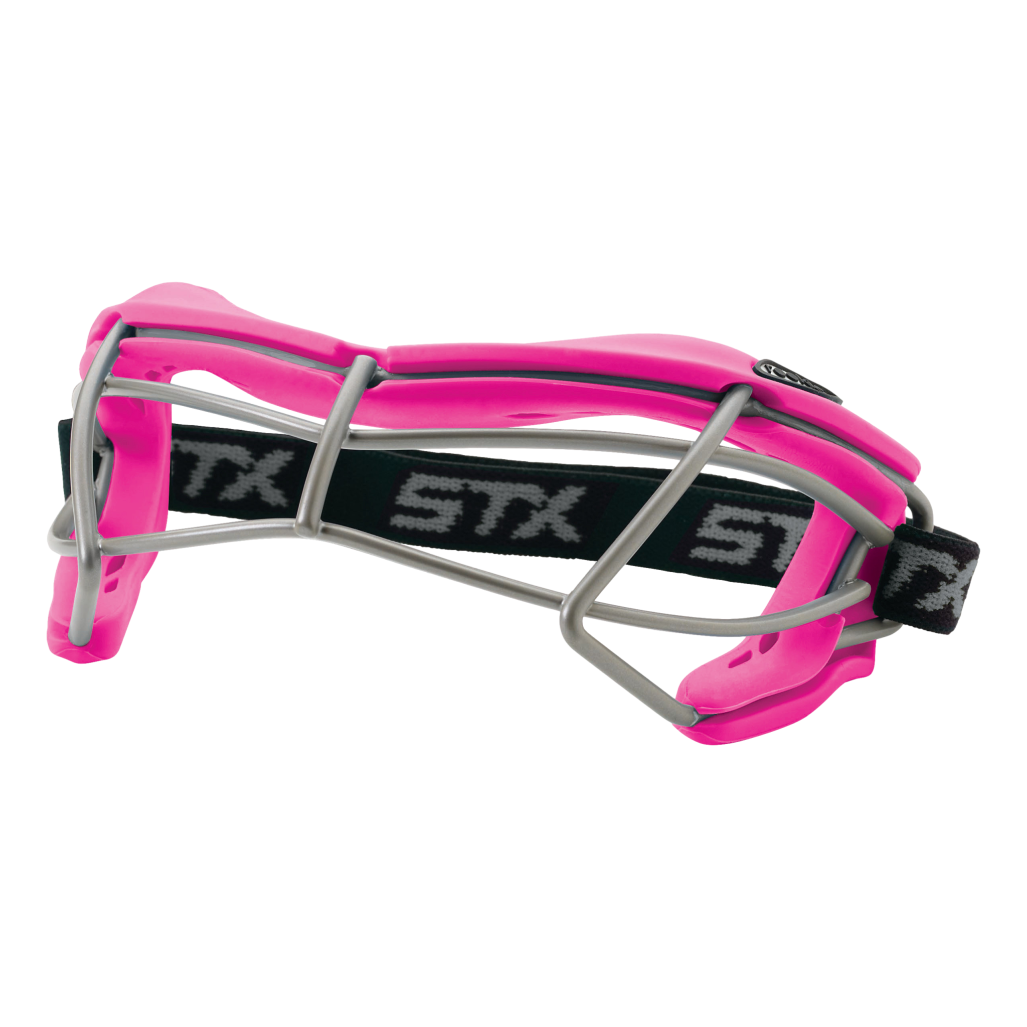 STX Rookie-S youth lacrosse goggle punch pink frame with strap, angled view on white background