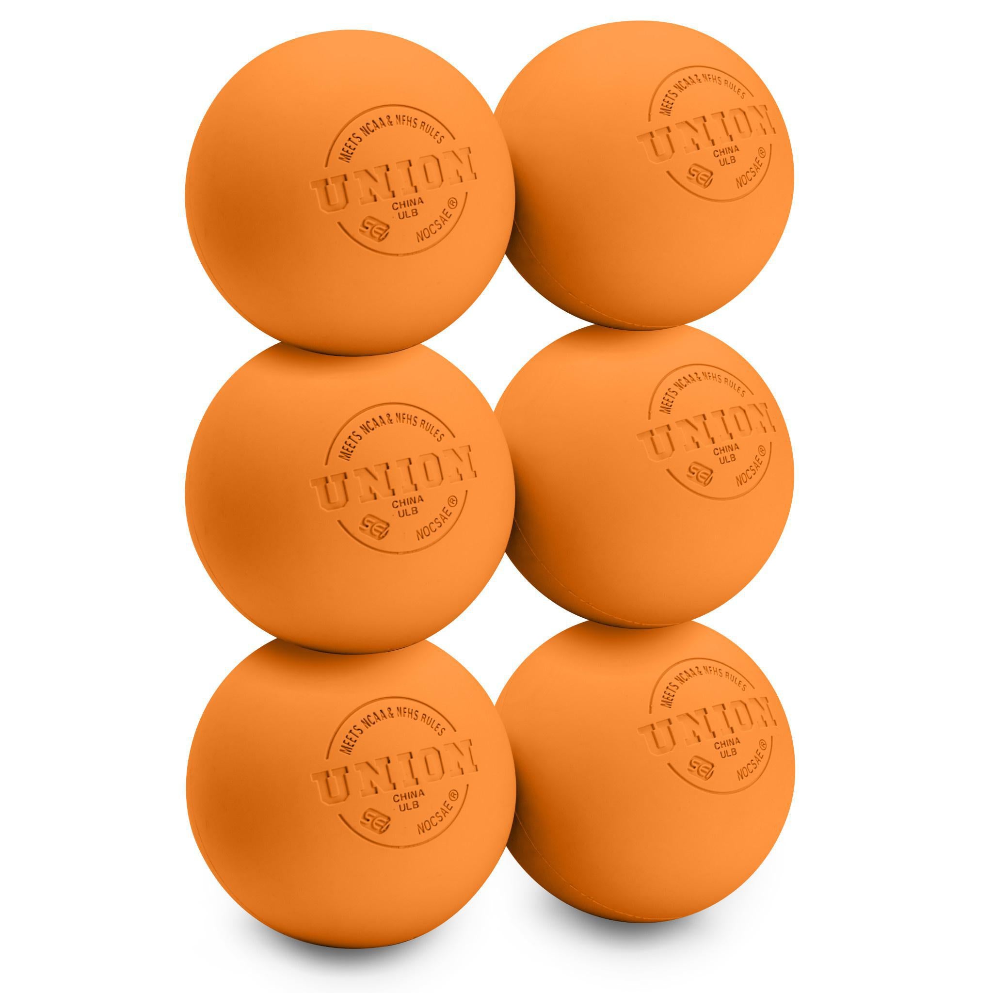 Six orange lacrosse balls with 'Union' branding on a white background