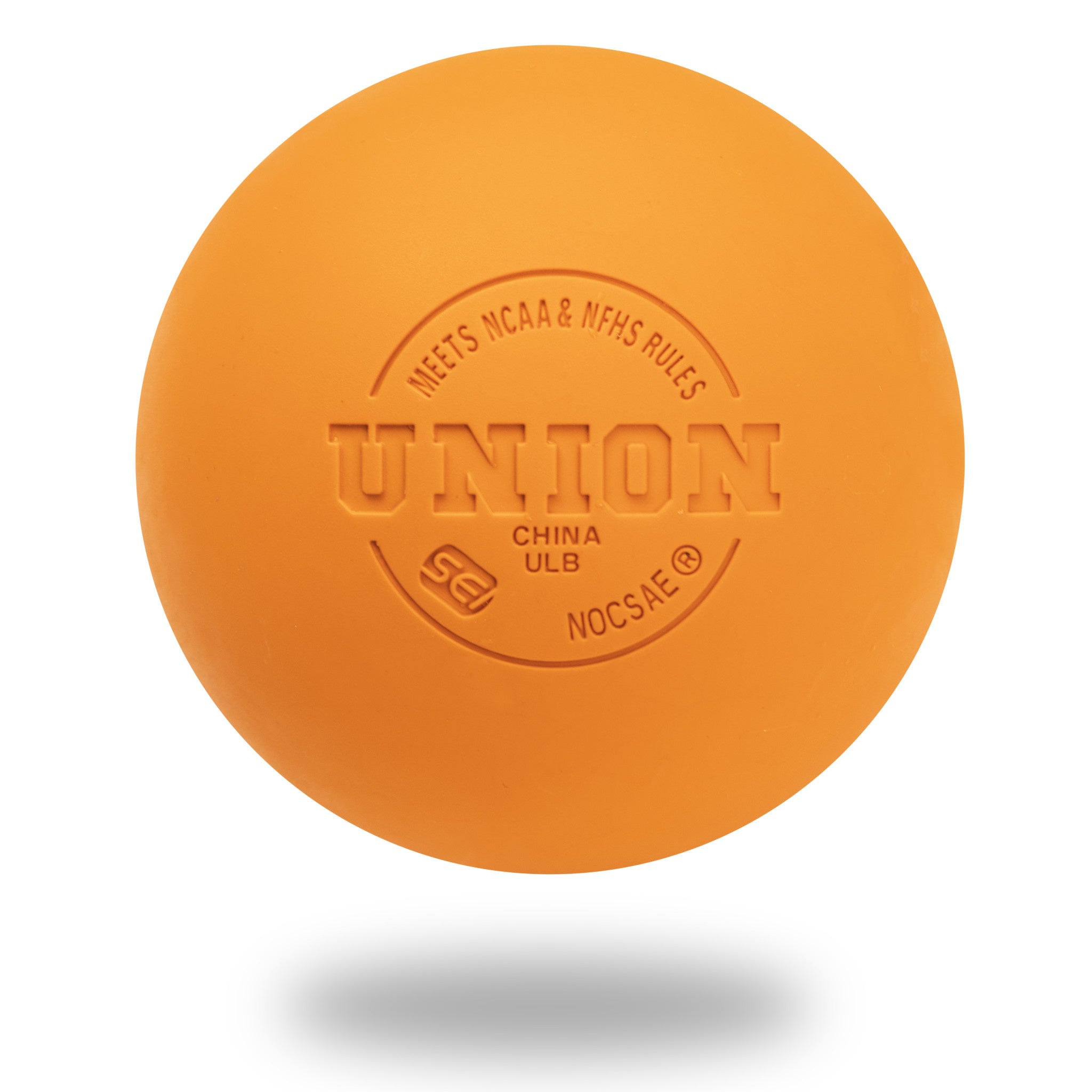 Orange lacrosse ball with 'Union' branding on a white background