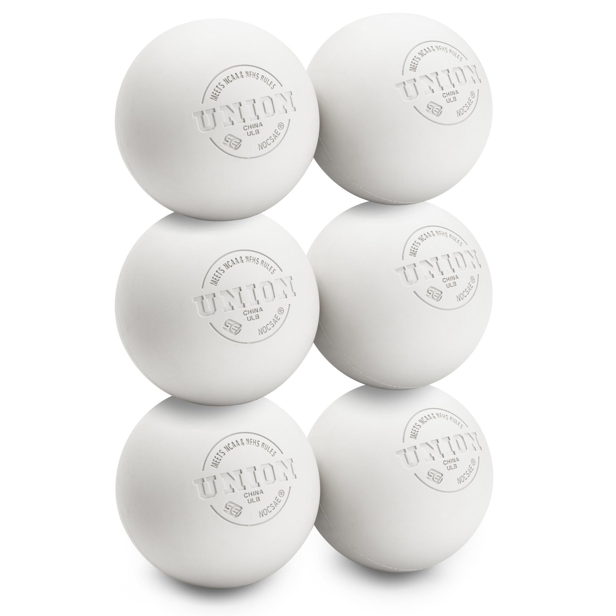 Six white lacrosse balls with 'UNION' branding on a white background