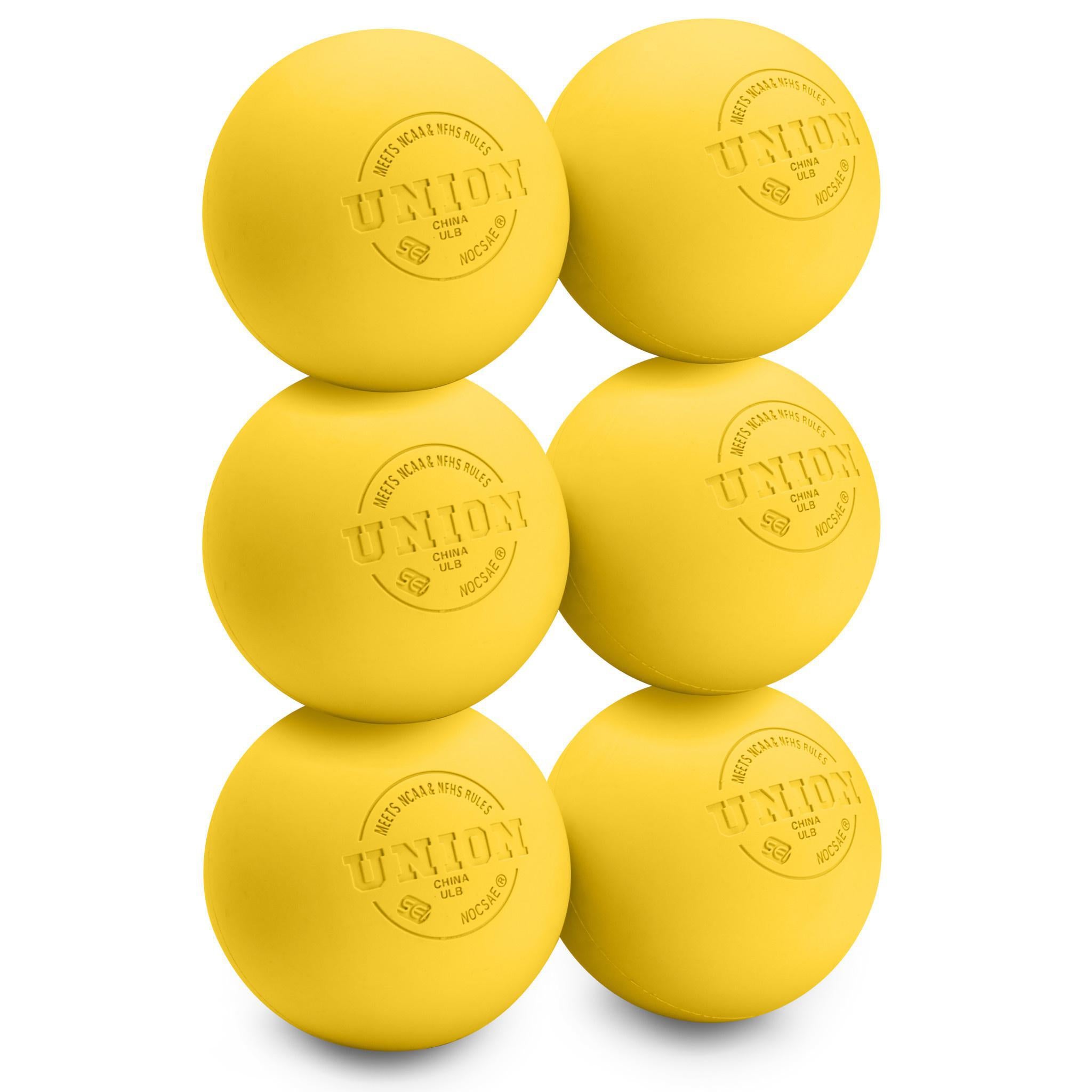 Six yellow lacrosse balls with 'Union' branding on a white background