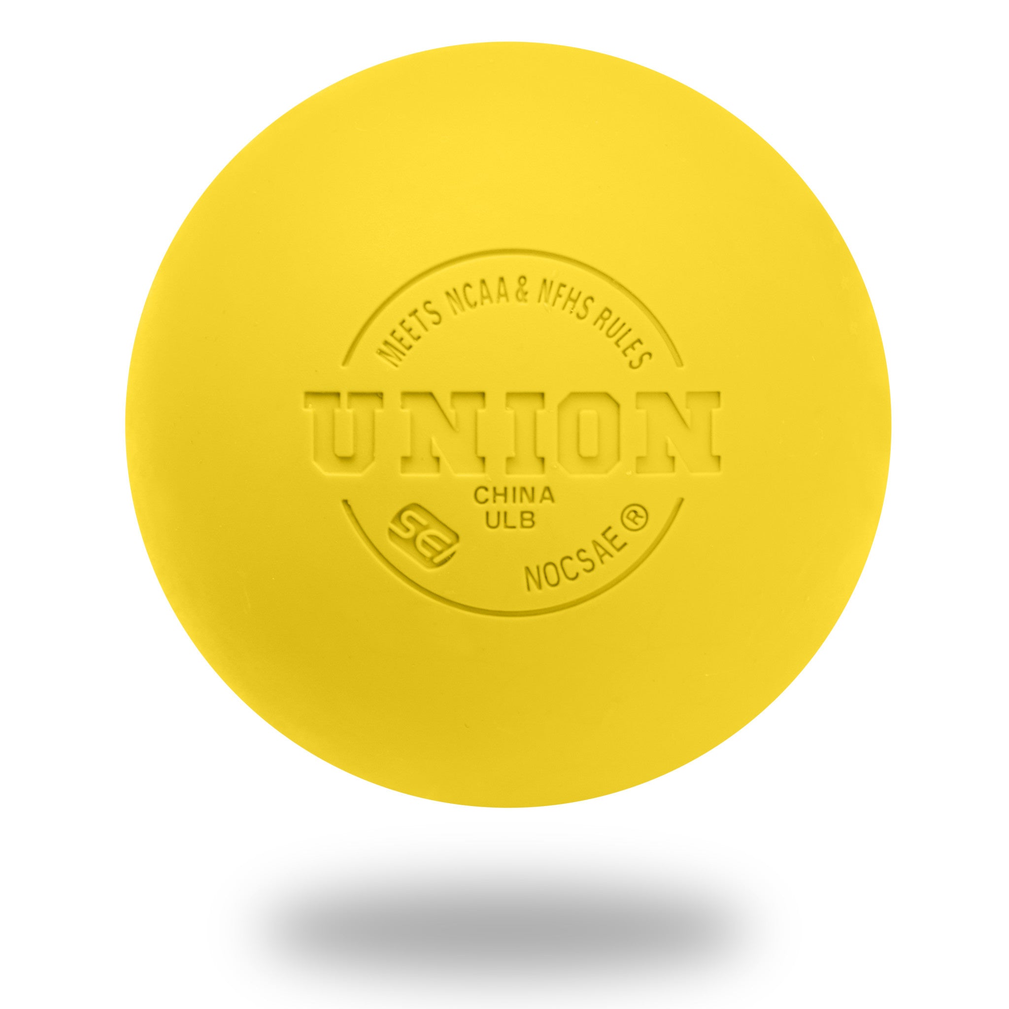 Yellow lacrosse ball with 'Union' branding on a white background